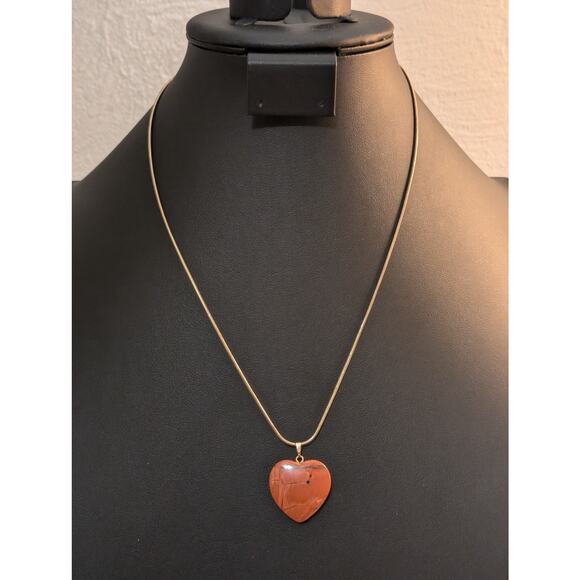 Red Jasper Stone Heart Pendant on Gold Tone Snake Chain Necklace - Picture 5 of 5